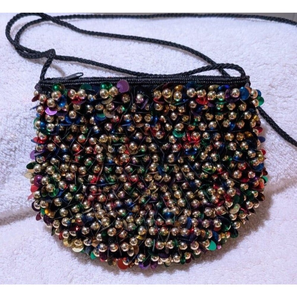 Vintage Magid Multicolor Sequin Beaded Crossbody Bag Evening Purse Festival 80s